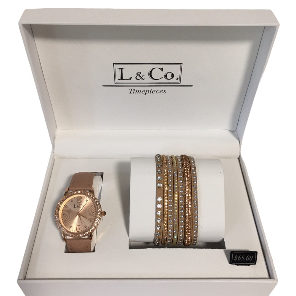 NIB L & Co. Timepieces Rose Gold Watch & Stack Magnetic Bracelet Gift Set